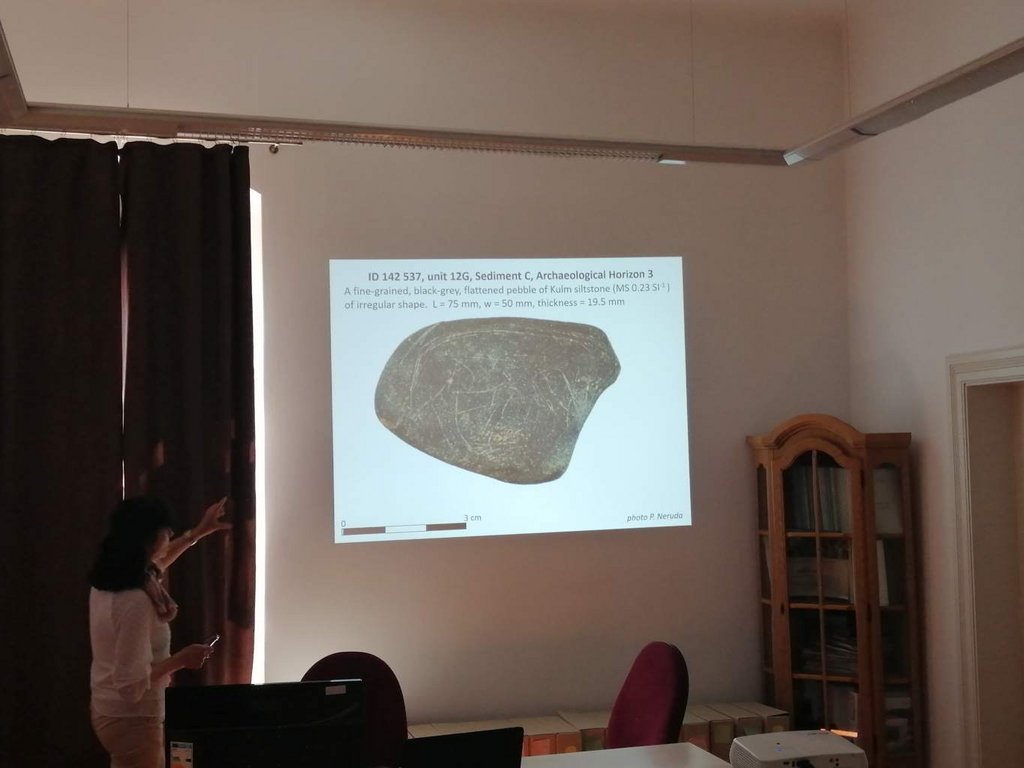 Artefakt s rytinou mamuta a koňa prezentovaný na prednáške Rekonstrukce mobility v mladém paleolitu. Foto M. Sládok-KPÚ Trnava, foto: M.Sládok