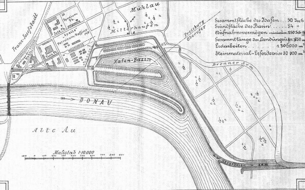 Plán výstavby prístavu, 1898. Zdroj: Pressburger Zeitung. 10. apríl 1898, s. 6