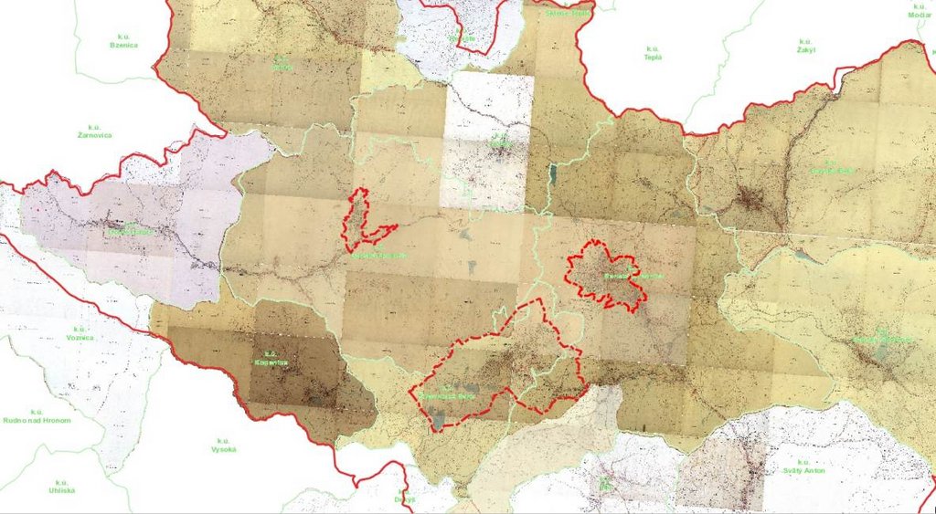 02 – digitalizovaná historická katastrálna mapa oblasti Banskej Štiavnice tvorená listami jozefínskeho katastra