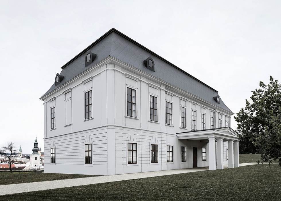 08 - Vizualizácia predbežného návrhu rekonštrukcie Veľprepoštského paláca v Nitre pri pohľade zo severovýchodu, autor: Mgr. art. Tomáš Haviar