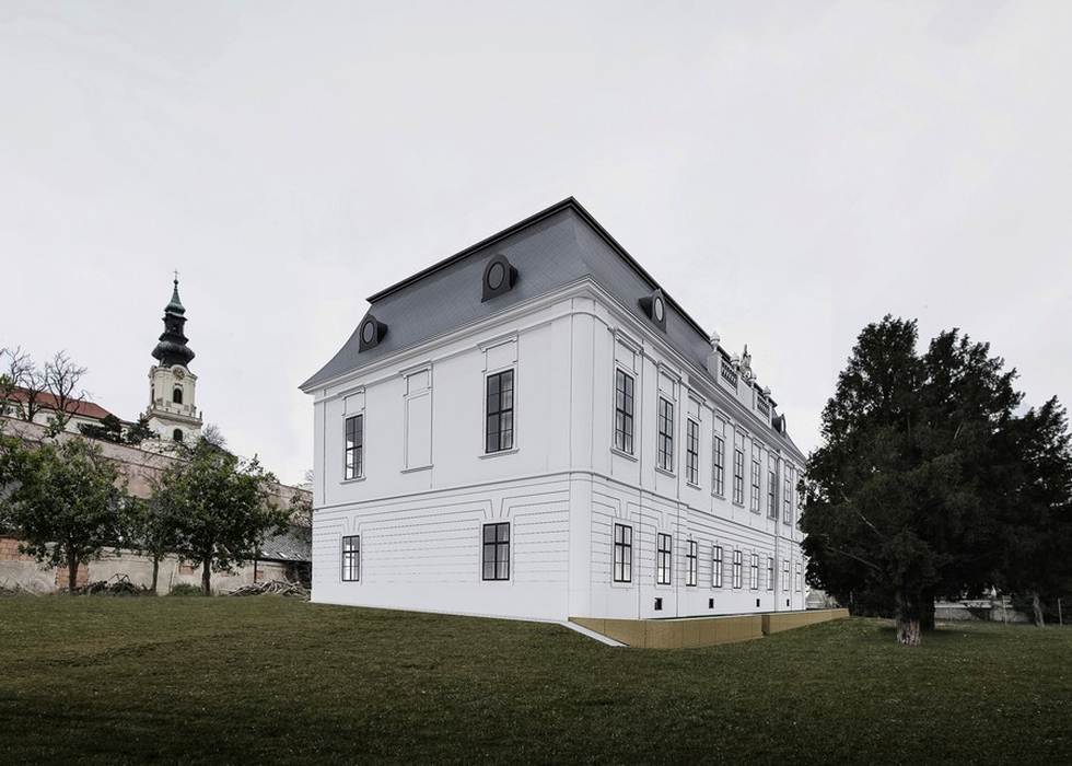 09 – Vizualizácia predbežného návrhu rekonštrukcie Veľprepoštského paláca v Nitre pri pohľade z juhozápadu, autor: Mgr. art. Tomáš Haviar