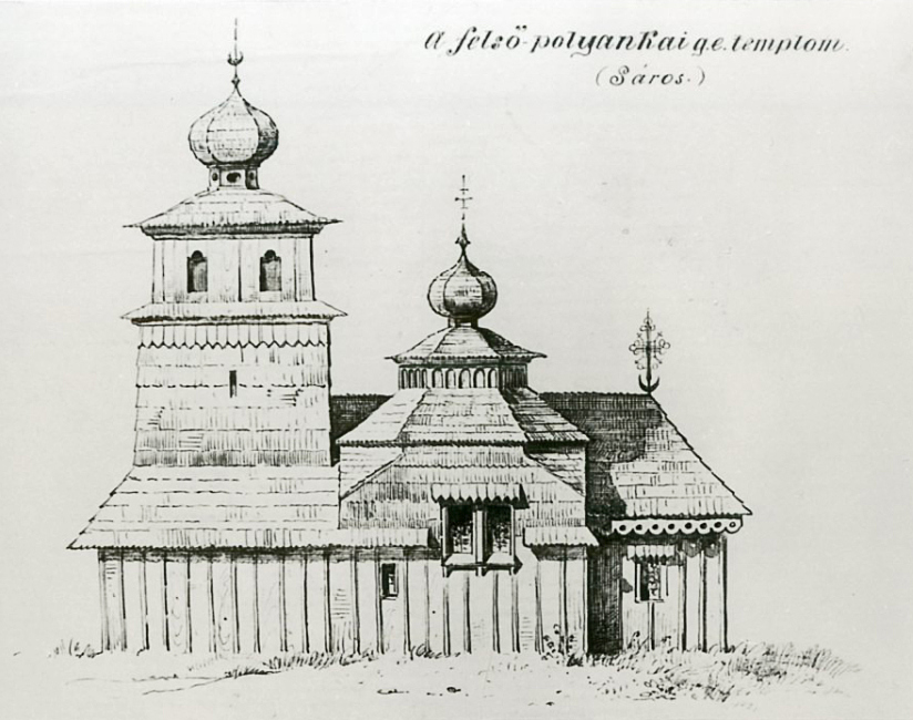 Vyšná Polianka (okr. Bardejov), niekdajšia drevená cerkev; kreslil Viktor Miškovský, 70. alebo 90. roky 19. storočia. Repro: Archív PÚ SR