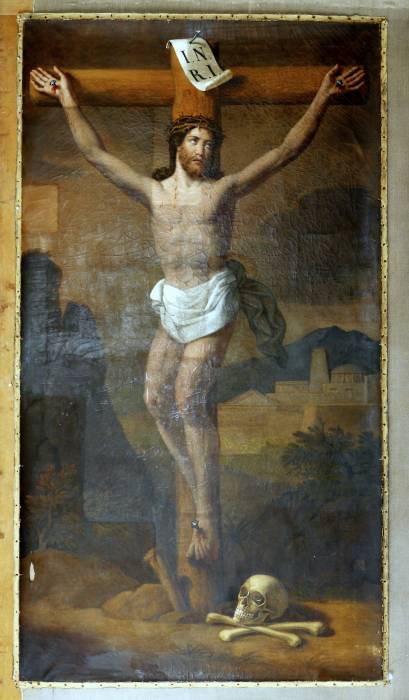 02 – Oltárny obraz Ukrižovanie Krista, stav počas reštaurovania. Foto  M. Šurin