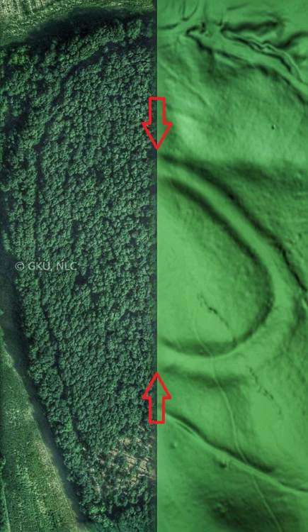02 – Letecký pohľad na lokalitu a porovnanie s LIDAR-ovým snímkom, Zdroj: © GKÚ, NLC; upravené