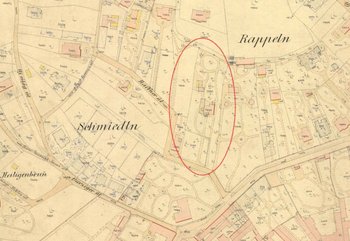 Kópia historickej katastrálnej mapy z roku 1894 - 1895 s vyznačením dotknutého územia.Zdroj: GKÚ, mapový list č. 33., Bratislava