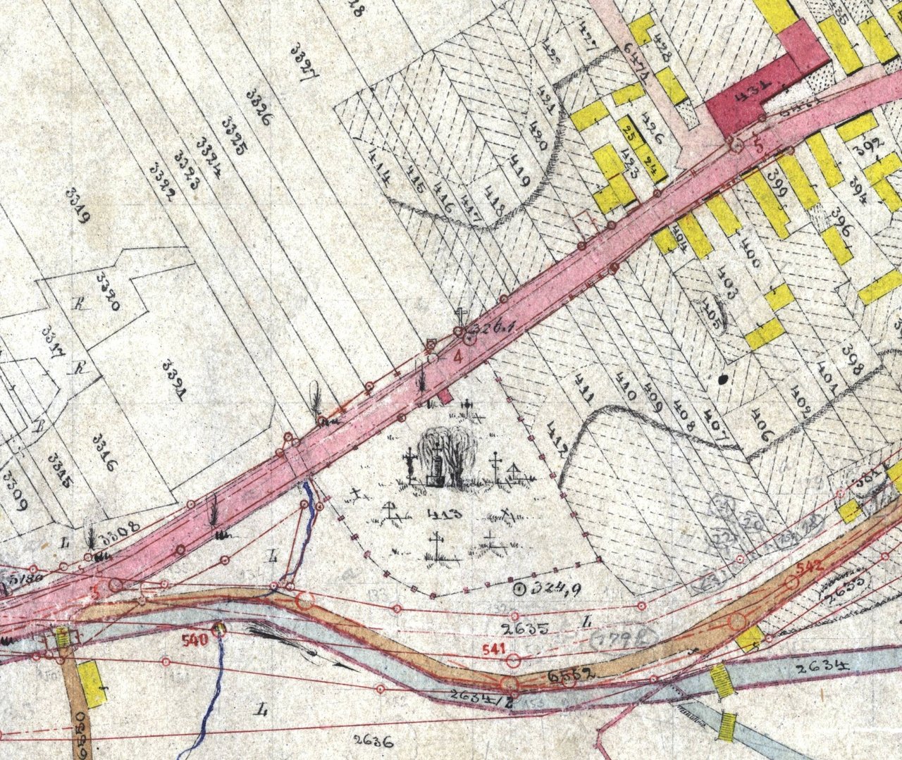 Výrez z katastrálnej mapy Námestova z roku 1875 s vyznačením plochy cintorína bez mauzólea Zdroj: Archív GKÚ Bratislava