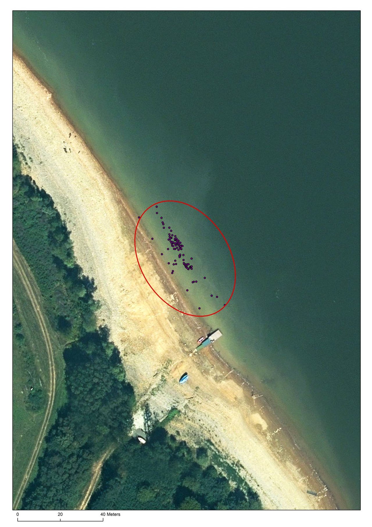 Ortofoto mapa s vyznačenými geodeticky zameranými urnovými hrobmi; na mape vidno, že pri normálnej hladine Domaše je pohrebisko kompletne pod vodou, autor: P. Fecko