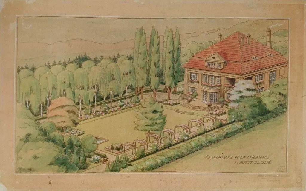 Pôvodná dobová vizualizácia sadových úprav okolia vily od záhradného architekta Josefa Vaňka z roku 1926.Zdroj: STEINOVÁ, Š., ZÁMEČNÍK, R., OTTOMANSKÁ, S. a kol., Zahradní umění první Československé republiky a její zahradníci.