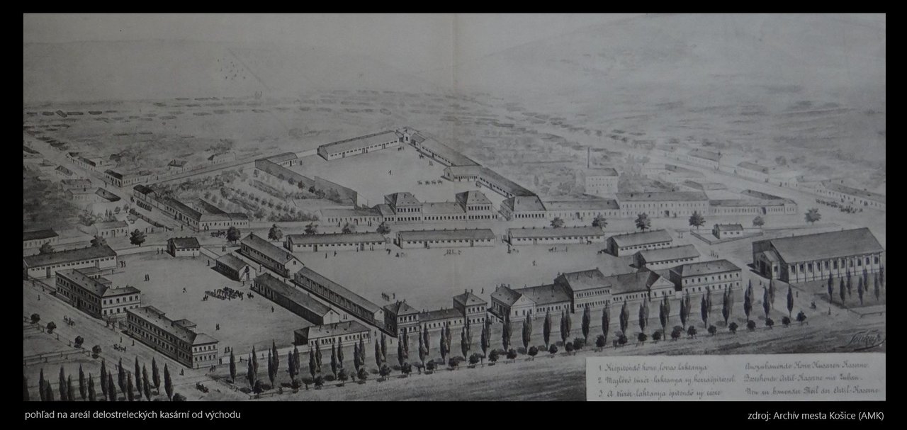 Veľké delostrelecké kasárne s jazdiarňou, areál hist., kresba: zdroj AMK Košice