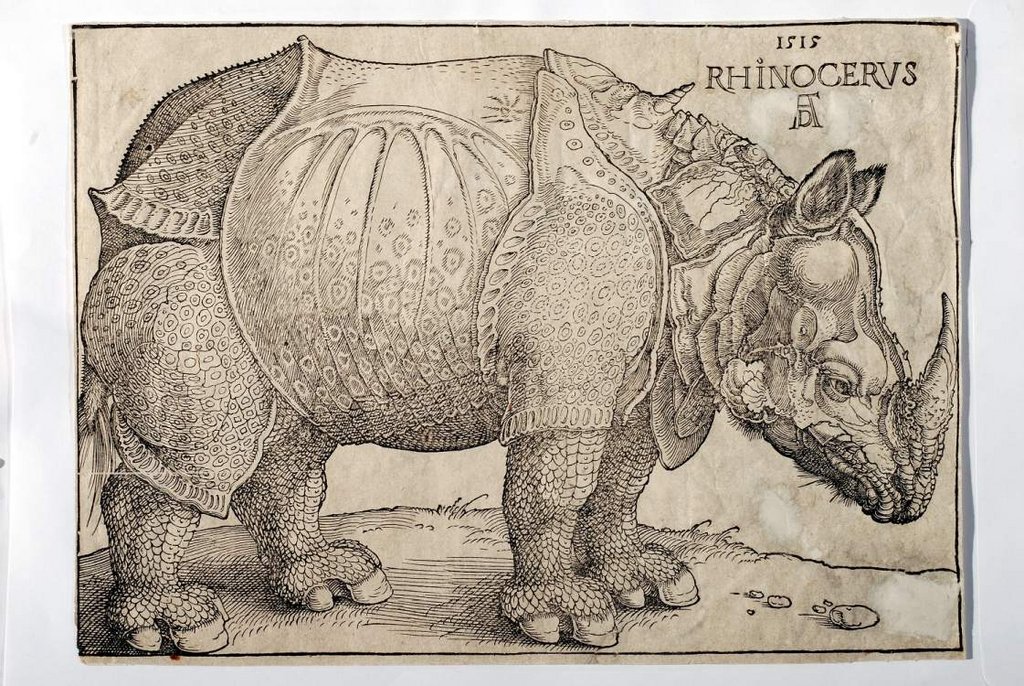 15 – Nosorožec (A. Dürer, 1515), 6. vyd. z r. 1620, drevorez na ruč. papieri vo fonde VSM Košice (inv. č. S 3236); zdroj: VSM Košice