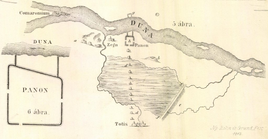 02 – Mapa F. Rómera, kde je vyznačená aj poloha Rímskeho vojenského tábora na ľavom brehu Dunaja (RÓMER, F. Pannonia területén Magyarországban fennmaradt nehány római várnáról. In Archaeologiai Közlemények. Pest, 1863, zv. 3 (zv. 1 novej série), zoš. 2, tab. I: 5)