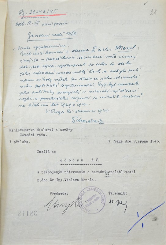 Závodná rada Ministerstva školstva a osvety, potvrdenie o národnej spoľahlivosti V. Mencla, Praha, 21. 7. 1945. Zdroj: Národní archiv, Praha