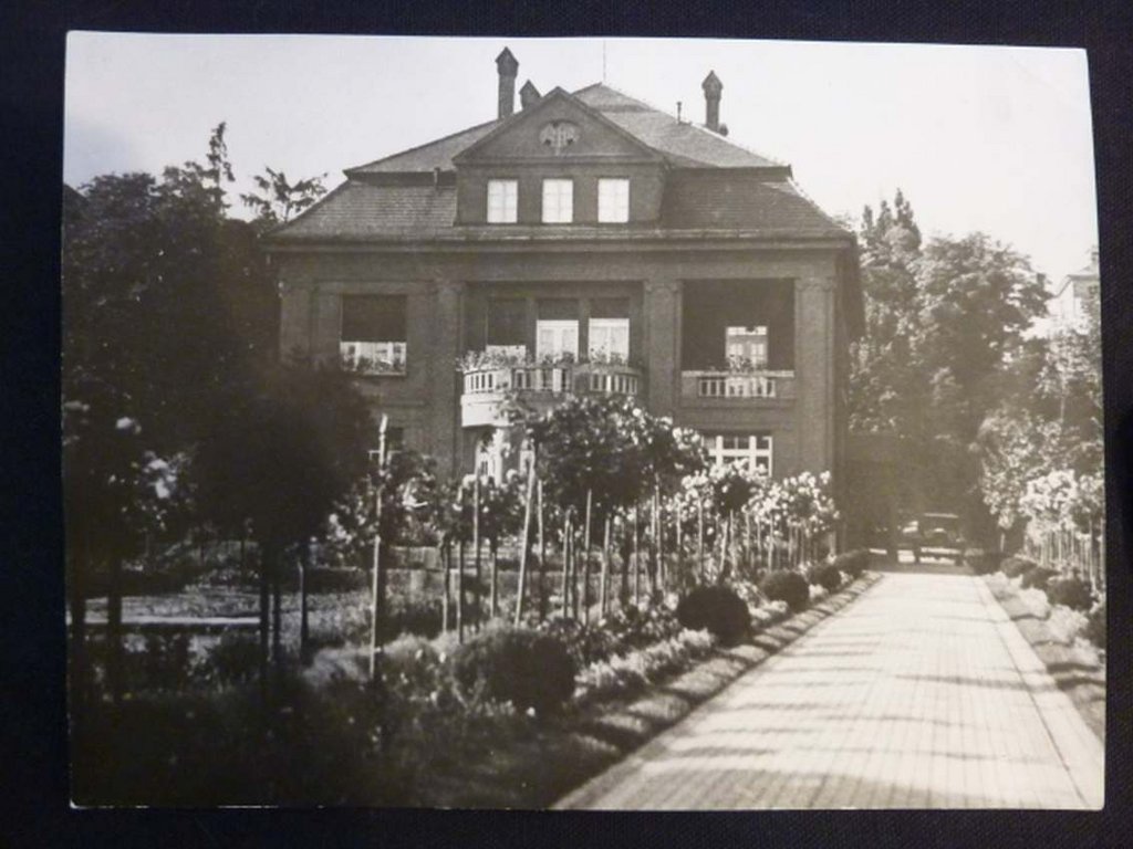 Fotografia z obdobia okolo roku 1930. Na fotografii vidieť príjazdovú komunikáciu začínajúcu od hlavnej brány smerujúcu k pravej časti objektu vily. Príjazdová cesta je symetricky a bohato zdobená sadovníckou úpravou pozostávajúcou z krov pravidelne upravovaných do guľových tvarov, s priestormi medzi nimi vyplnenými okrasnou výsadbou doplnenou okrasnými ružami na kmienkoch.Zdroj: fabryfamily.com