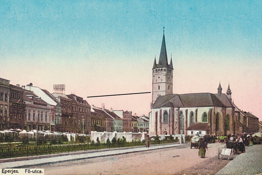 1.	Prešov, Radnica a Kostol sv. Mikuláša po r. 1915, pozri konce čiary, zdroj: archív KPÚ Prešov 