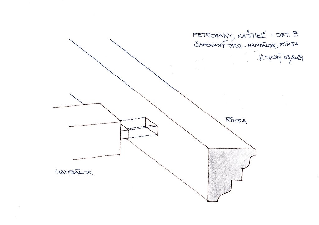 Axonometria/detail napojenia manzardovej profilovanej rímsy na konce hambálkov spôsobom rovného čapovania, autor: Ľ. Suchý, 03/2024