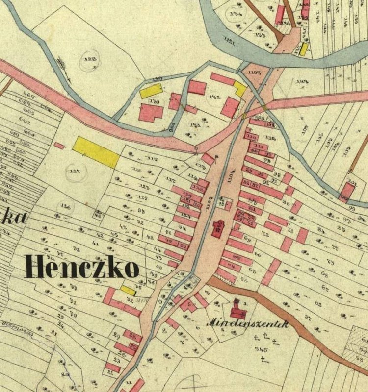 Historická  katastrálna mapa z roku 1868, detail. Zdroj: Archív Geografického a kartografického ústavu Bratislava