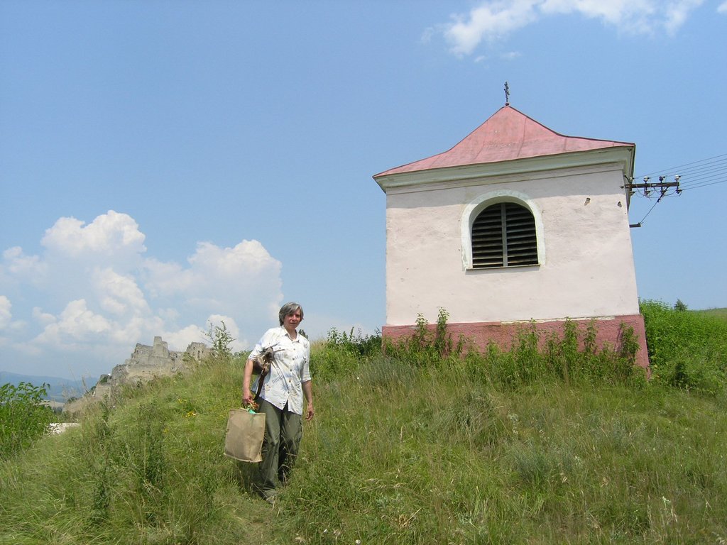 Silvia Paulusová pri evanjelickej zvonici, v pozadí s panorámou hradu Beckov Foto: M. Kalinová, 2006