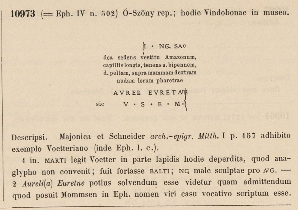 05 – Popis kamennej stély u MOMMSEN Th., HIRSCHFELD, O., DOMASZEWSKI, A. Inscriotionvm Orientis et Illyrici Latinarvm Svpplementvm, pars. 1. Corpvs Inscriptionvm Latinarvm Consilio et Avctoritate Academiae Littearvm Regiae Borvssicae (eds.). Berolini, 1902, vol. 3 svpplementvm [online], s. 1758, č. 10973 [cit. 25. 7. 2020]. Dostupné na internete: https://arachne.uni-koeln.de/Tei-Viewer/cgi-bin/teiviewer.php?manifest=BOOK-ZID878796