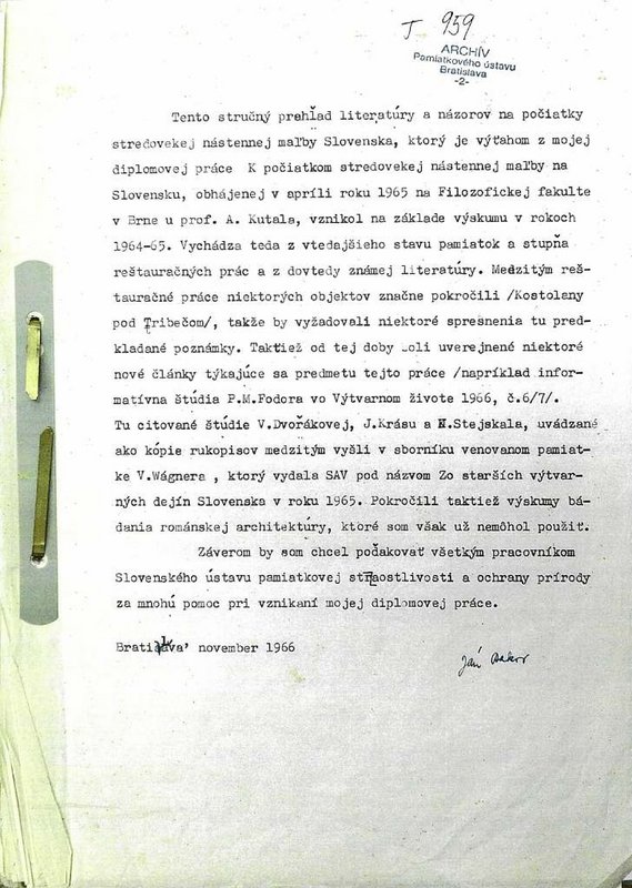 Úvod k výťahu z diplomovej práce Jána Bakoša, 1965 Zdroj: Archív PÚ SR