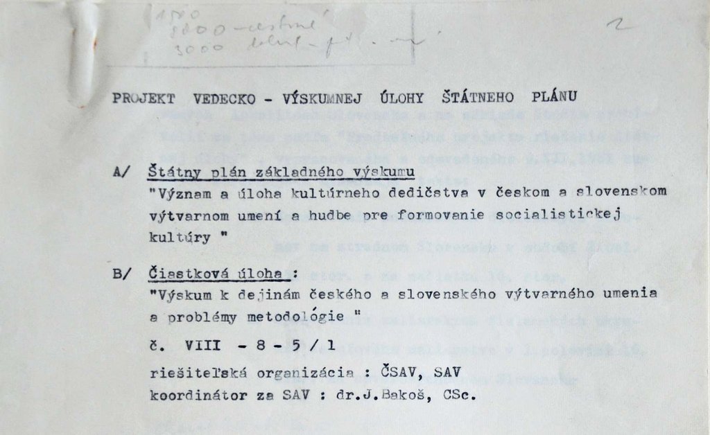 Krycí list Štátneho plánu základného výskumu v oblasti dejín umenia na roky 1982 – 1985, detail Zdroj: Slovenská národná galéria, archív výtvarného umenia  