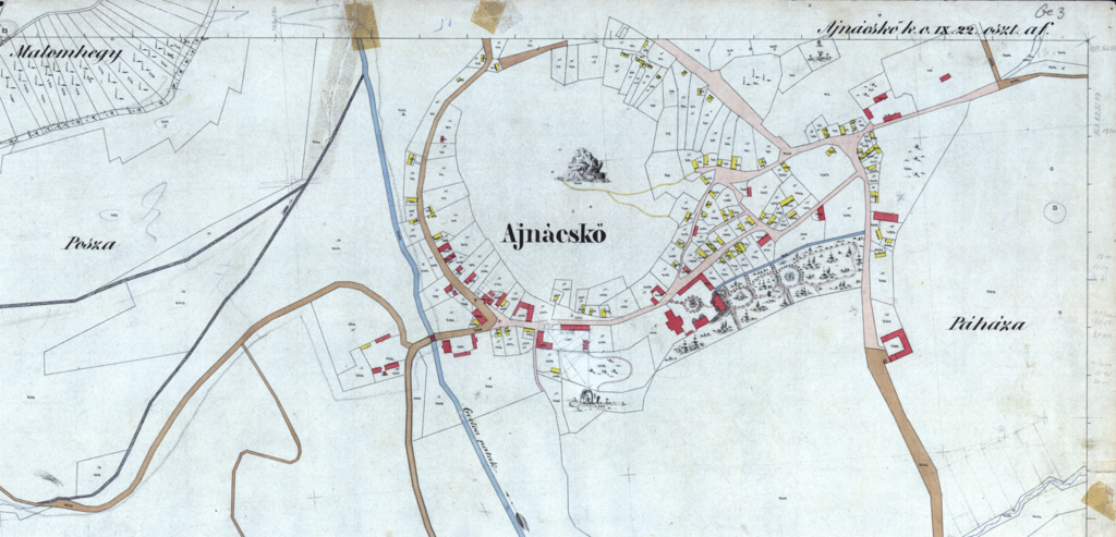 Hajnáčka, katastrálna mapa z roku 1867, zdroj: Pamiatkový úrad SR (originál: Geodetický a kartografický úrad Bratislava)