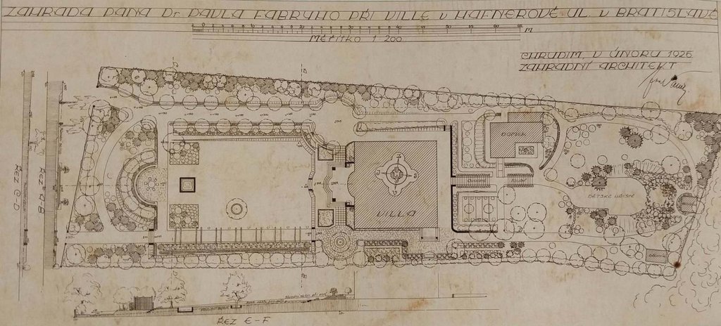 Pôvodný plán sadových úprav okolia vily od záhradného architekta Josefa Vaňeka z roku 1926.Zdroj: STEINOVÁ, OTTOMANSKÁ, Stopy českých zahradních architektu na Slovensku