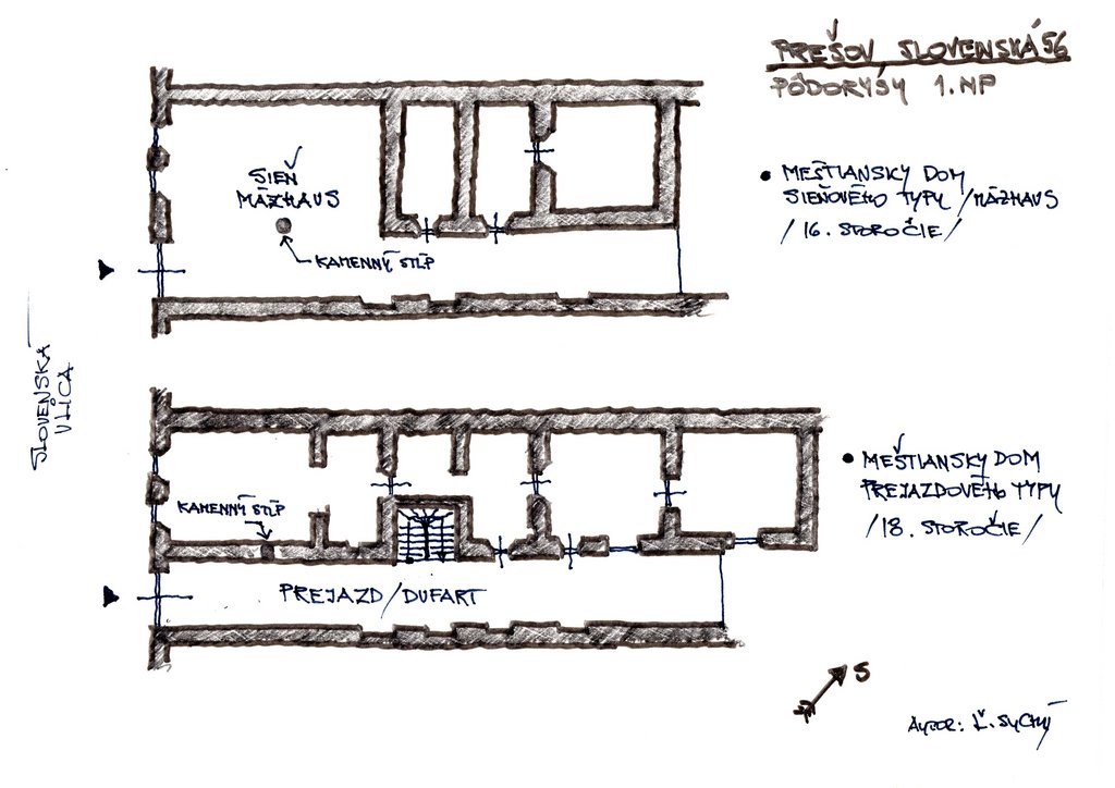 Prešov, Slovenská 56 – voľné schémy pôdorysov na 1. NP s vyznačením pôvodnej siene v 16. storočí a neskoršia zmena v 18. storočí zo sieňového meštianskeho domu na prejazdový. Ľ. Suchý, KPÚ Prešov