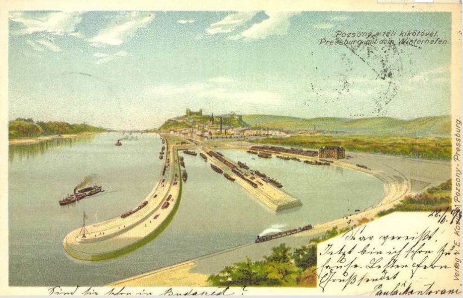 Pohľadnica s víziou budúcej podoby prístavu z roku 1899. Zdroj: hungaricana.hu.