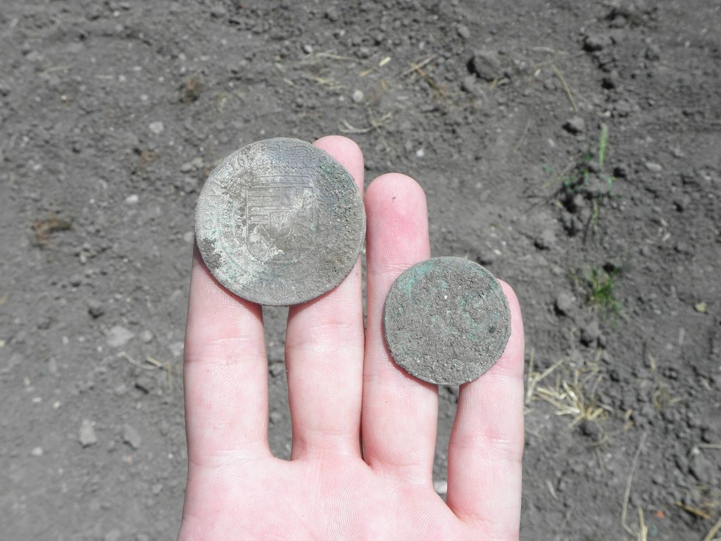 Mince vyzdvihnuté z haldy vykopanej pôdy počas archeologického výskumu miesta nálezu, zdroj: KPÚ Trnava, foto: M. Sládok Mince vyzdvihnuté z haldy vykopanej pôdy počas archeologického výskumu miesta nálezu, zdroj: KPÚ Trnava, foto: M. Sládok