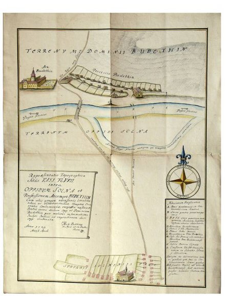 01 – Ruttkayov nákres situácie na rieke Váh z roku 1749, repro: JUDr. Ing. Miroslava Šichtová