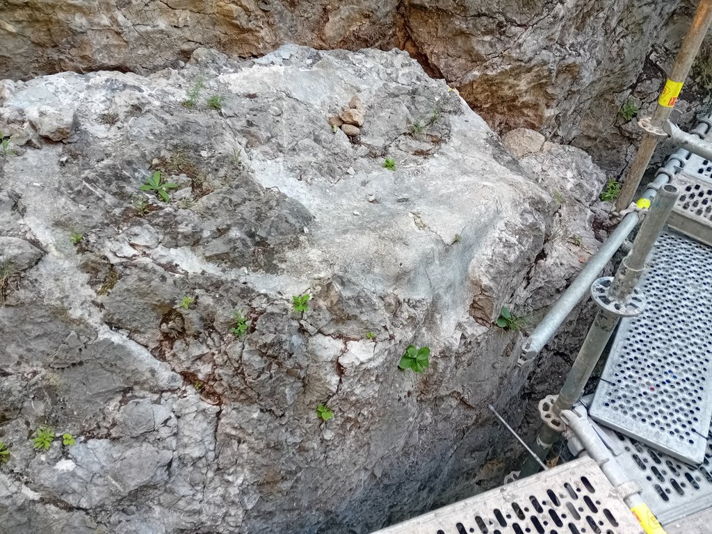 2.	Vrchná plocha klinovitého skalného bloku nad rímskym nápisom, foto: M. Kucmanová, 2025