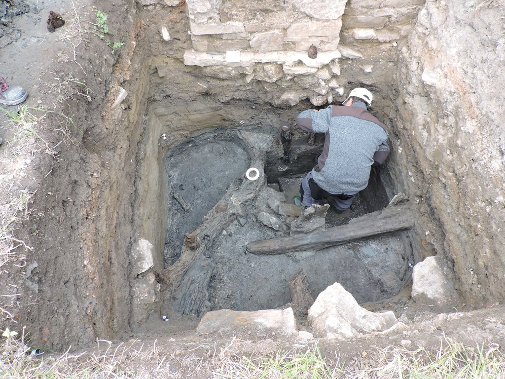 Mariánske námestie 35 - nálezy starších drevených súčastí v zadnej dvorovej časti parcely s nálezom fragmentu zrubovej stavby (vpravo) a kolového vypletaného oplotenia (vľavo), dendrochronologické datovanie M. Chomom: jedľa - 1335/36d a 1341/42d Zdroj: KPÚ Prešov, 2021