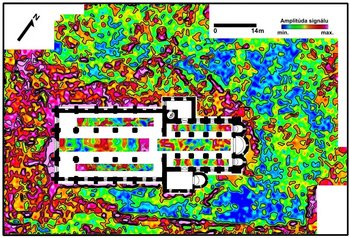 Diakovce, poloha Kostola Panny Márie. Horizontálny georadarový rez pre hĺbky od 80 do 120 cm (namerané anomálne zóny s maximálnou amplitúdou signálu (označené červenou a fialovou farbou)