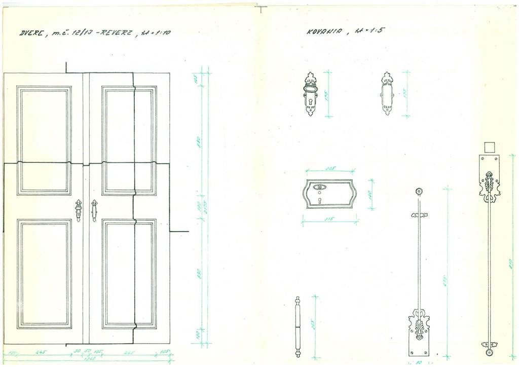 Detaily zaniknutých interiérových dverí  a kovaní, zameranie 1987, zdroj: Krajský pamiatkový úrad Nitra, ŽELIEZOVCE – KAŠTIEĽ, Zameranie a vyhotovenie dokumentácie architektonických detailov a umeleckoremeselníckych výrobkov; Geodézia, n. p. Bratislava, Minarič, A., 1987, A-411, A-412