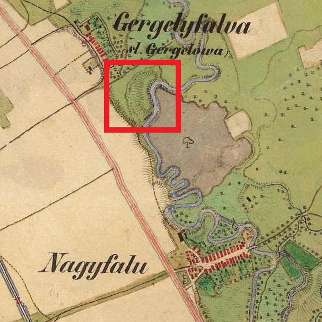 2	Oblasť s miestom nálezu lochu a NKP Hrádok na mapovom podklade z II. vojenského mapovania (1816 – 1869). In: Arcanum. Dostupné na internete: https://maps.arcanum.com
