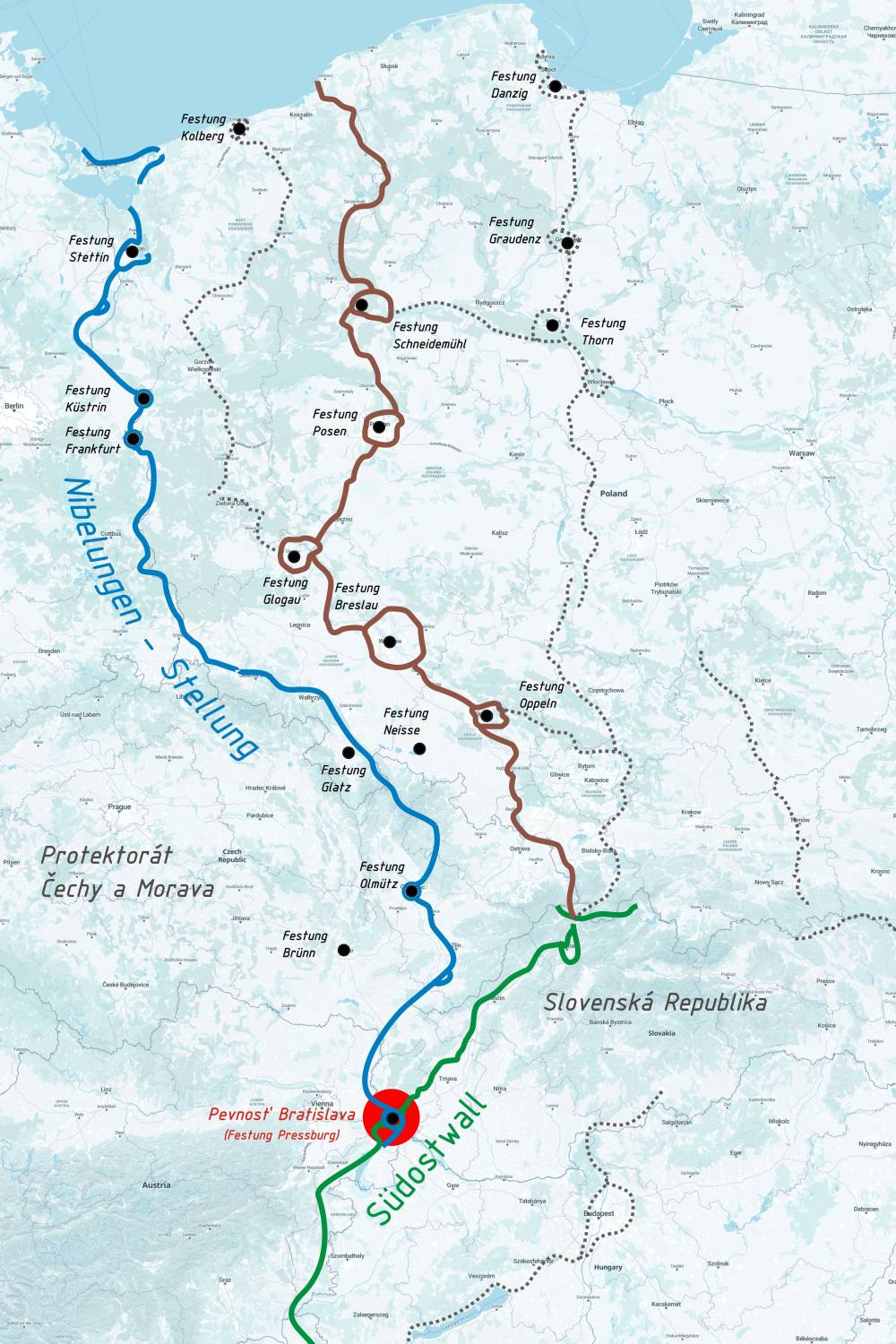 Pevnosť Bratislava v sústave nemeckých obranných línií, zdroj: Bunkre, o. z., autor: P. Škorvánek