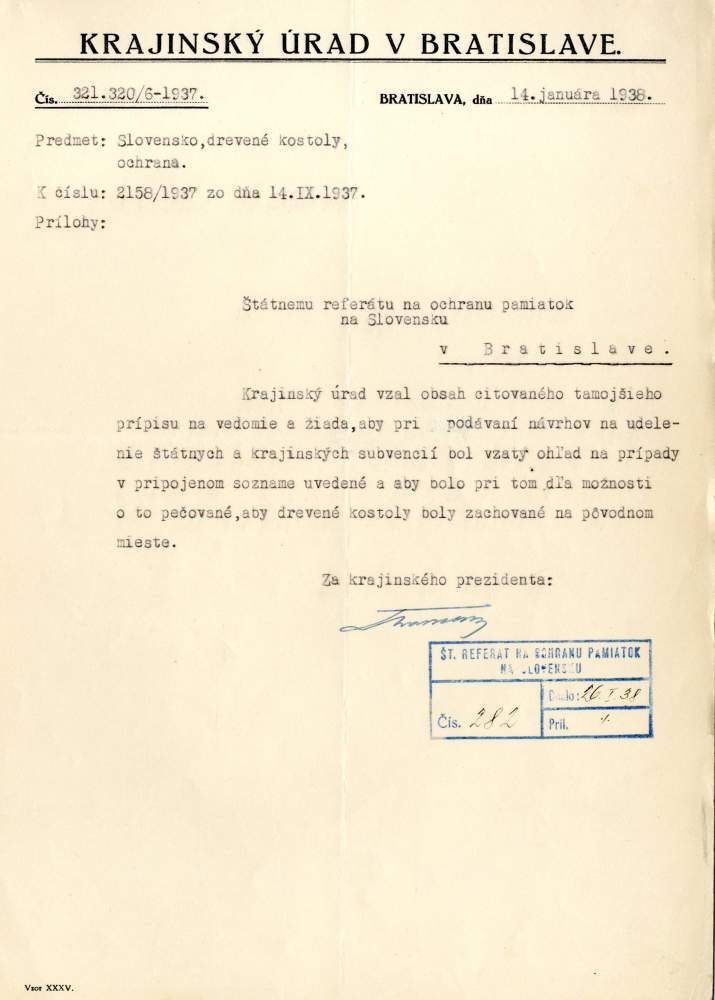 Vyjadrenie Krajinského úradu v Bratislave k poskytovaniu subvencií na obnovu drevených cerkví, 1938, zdroj: Archív PÚ SR Vyjadrenie Krajinského úradu v Bratislave k poskytovaniu subvencií na obnovu drevených cerkví, 1938, zdroj: Archív PÚ SR