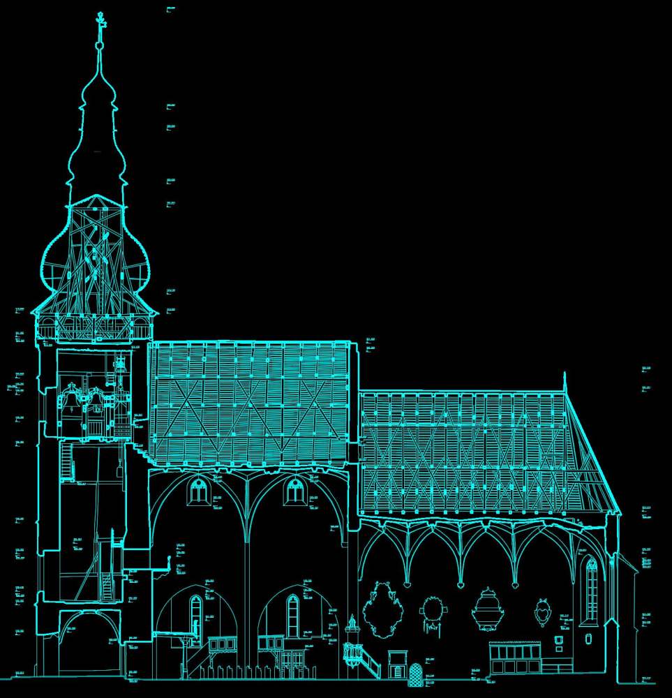 2	Štítnik, kostol ev. a. v. Pozdĺžny rez kostolom a stredovekými krovmi nad hlavnou loďou a svätyňou, zdroj: Pamiatkový úrad Slovenskej republiky, odbor digitálnej a grafickej dokumentácie