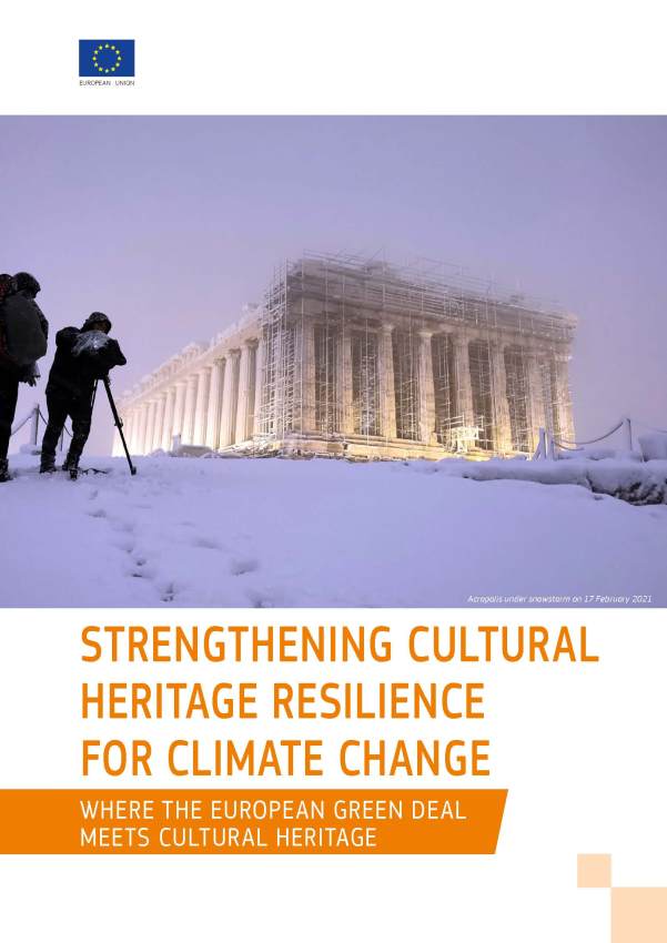 Titulka zo správy Heritage&Climate, zdroj: Európska komisia, Generálne riaditeľstvo pre vzdelávanie, mládež, šport a kultúru, Strengthening cultural heritage resilience for climate change : where the European Green Deal meets cultural heritage, Úrad pre vydávanie publikácií Európskej únie, 2022