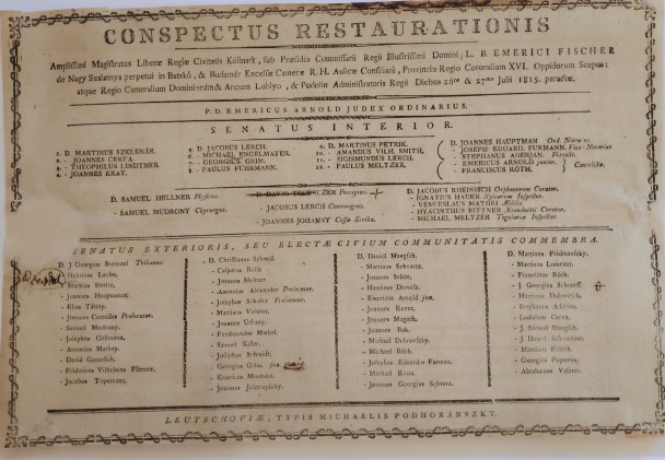 Conspectus Restaurationis - dokladajúci zoznam predstaviteľov mestského predstavenstva po voľbe nových členov, ktorá sa odohrala v dňoch 26. – 27. júla 1815
