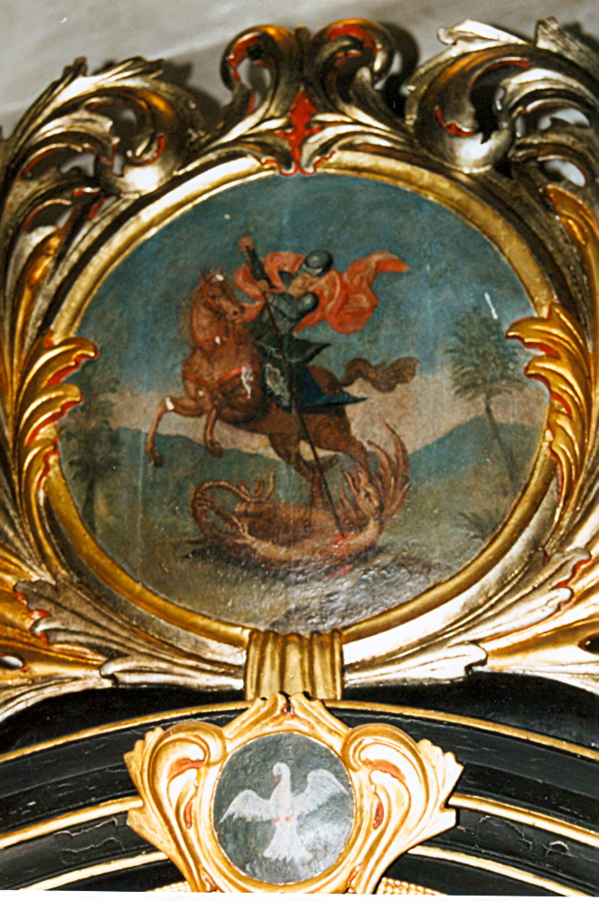 Sv. Juraj bojuje s drakom, neznámy autor, tempera na dreve, záver 17. stor. (?), kartuša nadstavca hlavného oltára Panny Márie z Kostola sv. Juraja v Kostoľanoch pod Tríbečom, foto: P. Kršák