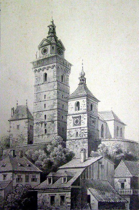 Kresba mestského hradu v Kremnici s vežou Kostola sv. Kataríny pred jej novogotickou prestavbou v roku 1884, zdroj: NBS - Múzeum mincí a medailí Kremnica