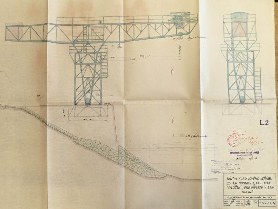 Návrh 25 t žeriavu. Zdroj: MV SR, Slovenský národný archív, fond Krajinský úrad v Bratislave – vodohospodárska služba, šk. 637.