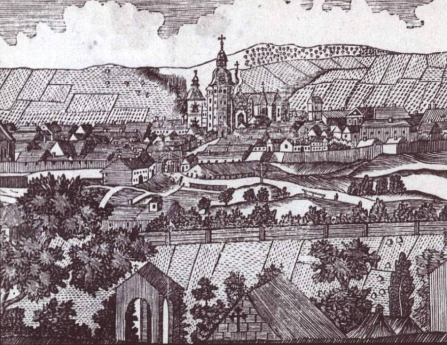 02 – Košice, hist. grafika mesta (cca z r.1802) s detailom ev. cintorína (v popredí); reprofoto
