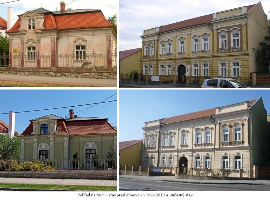 03 – pohľad na NKP, vila a meštiansky pavlačový dom, stav pred obnovou v roku 2010 a súčasnosť, zdroj: archív KPÚ Nitra